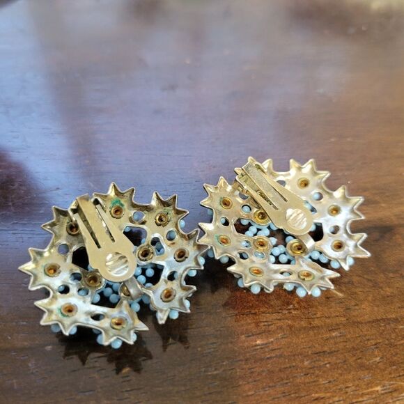 Vintage Blue Atomic Floral Rhinestone Clip Earrings - Picture 2 of 3